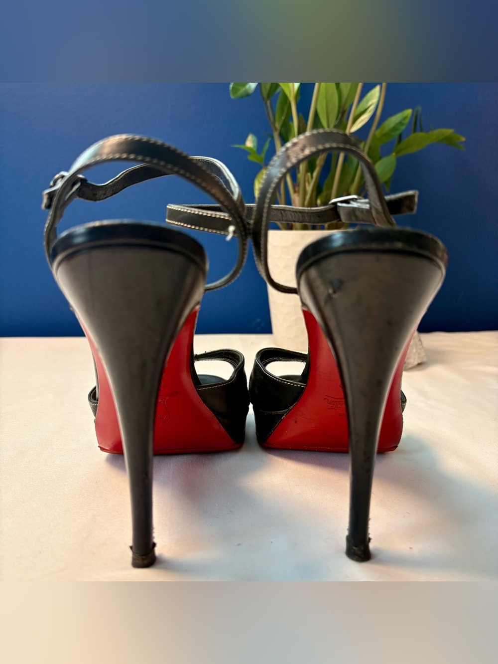Christian Louboutin Black Leather Contrast-Stitch Platform Sandals, US Size 10 - Picture 2 of 16